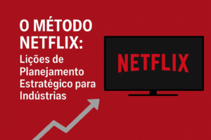 Capa de blog com o título “O Método Netflix: Lições de Planejamento Estratégico para Indústrias”, mostrando o logotipo da Netflix em uma televisão e um gráfico de crescimento, representando planejamento estratégico empresarial.