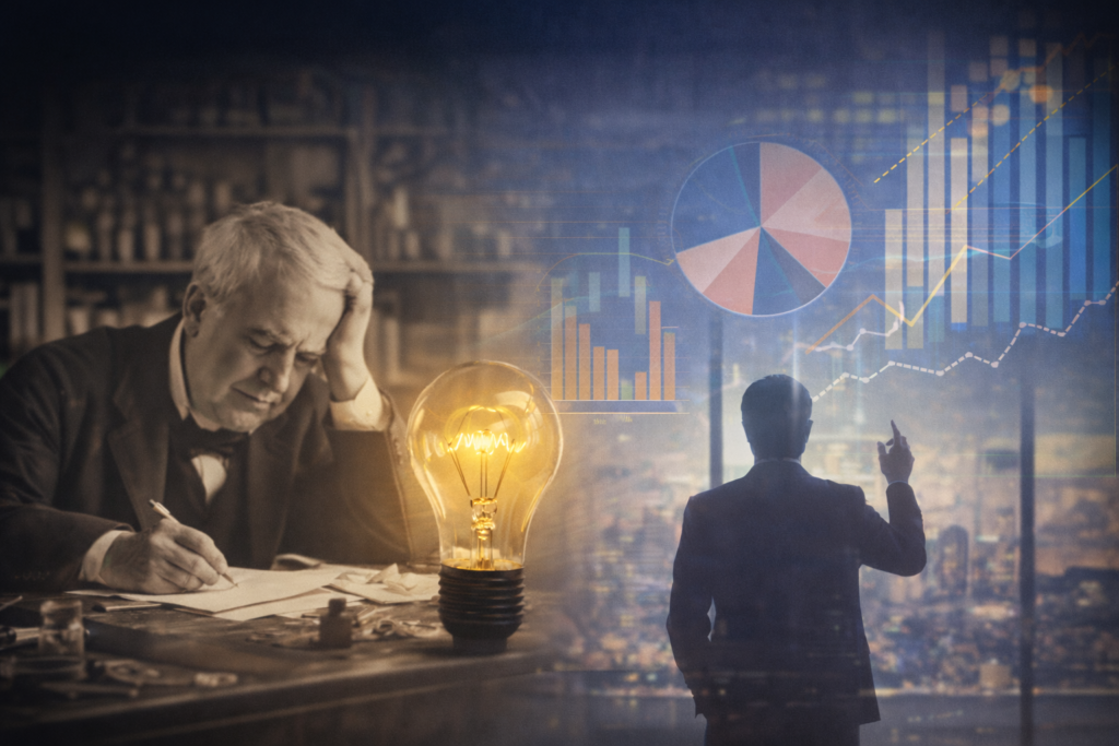 Imagem composta mostrando um inventor em um laboratório antigo analisando anotações, uma lâmpada acesa ao centro e, ao fundo, gráficos e dados modernos, simbolizando a pesquisa de mercado como base da inovação.