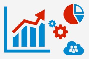Ilustração de gráfico de crescimento e indicadores estratégicos representando análise de mercado para tomada de decisões empresariais.