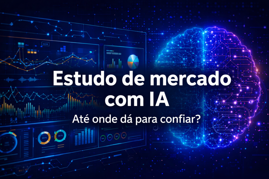 Capa de estudo de mercado com inteligência artificial mostrando gráficos digitais e análise de dados em um painel tecnológico