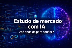 Capa de estudo de mercado com inteligência artificial mostrando gráficos digitais e análise de dados em um painel tecnológico