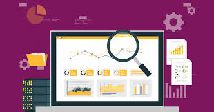 Dashboard com gráficos e lupa representando análise de dados com inteligência artificial no estudo de mercado