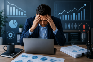 Empresário analisando gráficos financeiros para identificar problemas de gestão empresarial e melhorar a tomada de decisões.