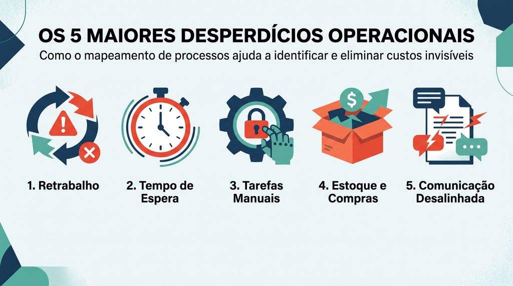 ilustração dos cinco principais desperdícios que impedem reduzir custos operacionais